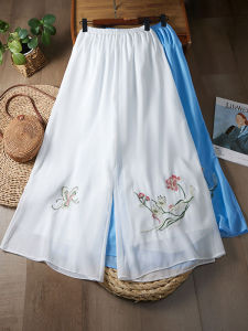 กางเกงขายาวผ้าชีฟองลายปักสไตล์ชาติพันธุ์ใหม่ปี 2025 กางเกงขายาวทรงหลวมเอวยางยืดทรงเข้ารูป 9 จุด สำหรับผู้หญิง