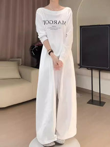 Shalldoer | Elegant Summer Womens Two-Piece Set Long Sleeve T-Shirt High Waist Wide Leg Pants Korean Style Lazy Shoulder Fashion