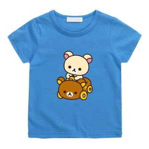 Bandai | Rilakkuma Bear Kawaii Printing T-shirt 100% Cotton Short Sleeve Casual Tee-shirt Funny Cartoon Graphic Print Tshirts Comfortable