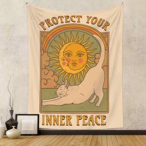 VIKAMA Black Cat Moon Stay Wild Wall Tapestry Nền Màu Be Trang Trí Huyền Bí Theo Phong Cách Bohemian Polyester Mềm Mại Trăng Lưỡi Liềm Đám Mây Trích Dẫn