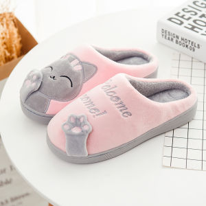 Cute Cat Slippers Couples Indoor Home Warm Anti-slip Fleece Winter New Style Youth Home Slippers Plush Fabric Half Wrap Heel