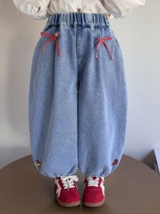 Girls Casual Denim Pants with Bow Tie Autumn Wear Baby Outfit Fashionable Lantern Pants Korean Style Long Pants for Girls