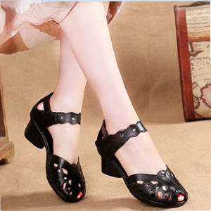 Summer New Style Womens Shoes Ethnic Wind Medium Heel Real Leather Soft Bottom Retro Ladies Sandals Mom Slip-On Fish Mouth Shoes