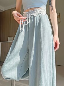 Lace Patchwork Ice Silk Wide Leg Pants Women Summer Thin Small Size High Waist Loose Drape Casual Lazy Sembach Pants