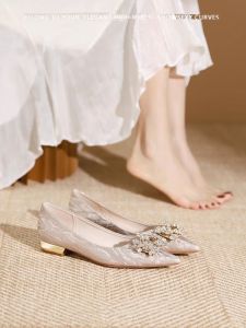 Elegant Water Diamond Low Heel Chunky Heel Pointed Toe Flat Wedding Shoes for Women Champagne Color Daily Wear Fashion Single Shoes