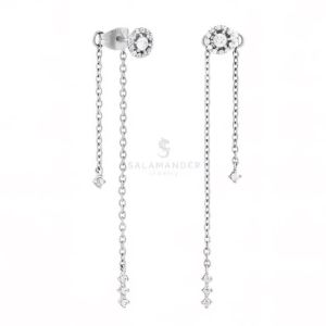 ต่างหู คู่ โซ่ยาวระย้า 2 เส้น ห้อยจี้เพชรตุ้งติ้ง แป้นมุดกลมฝังพลอย สำหรับใส่ออกงาน (ยาว 56 mm)