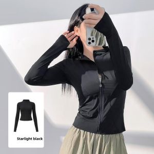 Womens Summer Outdoor Yoga Sports Sun Protection Clothing Ice Sensation Stand Collar Breathable Lightweight UV Protection