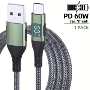 1 Cáp Sạc Nhanh USB Loại C 60W Với Màn Hình Hiển Thị Kỹ Thuật Số Truyền Dữ Liệu Tốc Độ Cao Bền Viền Cáp Dành Cho Xiaomi Huawei