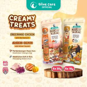 Olive Care PAKET POUCH CREAMY TREATS 16gr & 20gr isi 5 Tubes Snack Cemilan Kucing Bernutrisi dengan Daging Ayam/Salmon Asli & Red Spinach Winter Squash