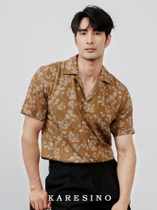 Karesno Summer Mens Casual Hawaii Beach Vacation Floral Silk Ice Washed Fashionable Short Sleeve Shirt Standard Fit Printed Polyester Cotton Blend