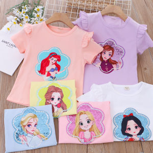 เสื้อยืดแขนสั้นปักเลื่อมลายเจ้าหญิงการ์ตูนคอตตอนแท้สำหรับเด็กผู้หญิงเสื้อคอกลมสไตล์ตะวันตกสำหรับเด็กหญิงเด็กเล็กเด็กเล็กแบบบางสำหรับฤดูร้อน