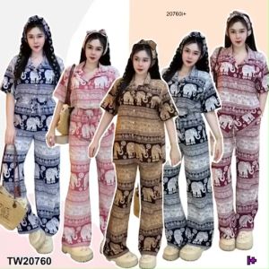 P20760 Set 3 ชิ้น เสื้อปกฮาวาย + กางเกงขายาว คู่กับสายผูกโบว์ #เซตช้าง