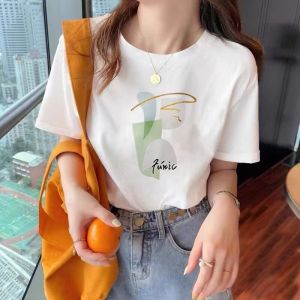 Áo Thun Cotton Trắng Tay Ngắn Mùa Hè Dáng Rộng Thời Trang Dài Vừa Phải Cho Nữ Phong Cách Mới 2025 Tay Lửng in Họa Tiết Thường Ngày