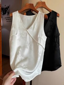 Acetate Embroidered Vest Womens Summer New Loose Slim Fit Sleeveless V-Neck Chinese Style Top Commute Style Pure Color
