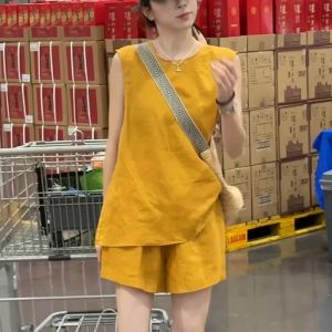 Shalldoer | Summer Fashion Anti-Aging Womens High-Waist Short-Sleeve Back-Laceout Two-Piece Set Elegant Youthful Style Round Neck Short-Sleeve