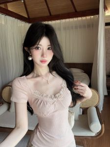 GUZILIAN | Fashion Charming Pink Lace Splicing Short Sleeve T-Shirt High Waist Fitted Skirt Set