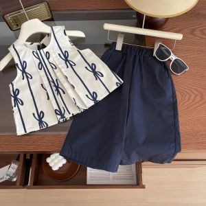Korean Version Fashion Casual Girls Clothes Striped Bow Printed Sleeveless Top+Wide Leg Pants 2Pcs Kids Set