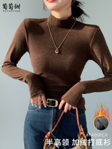 Womens Fleece Lined Thick Long Sleeve Half High Collar Base Shirt Inner Wear T-Shirt Grape Sweet Brand Autumn Winter Style