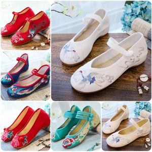 Elevated Flat Heel Embroidered Shoelaces Womens Shoes Pure White Hanfu Style Beijing Old Shoes National Trend Flat Heel Slope Heel