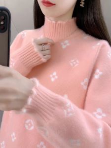 High Quality Mink Velvet Thickened Loose Knitted Half High Collar Sweater Womens Autumn Winter New Style Crew Neck Base Shirt