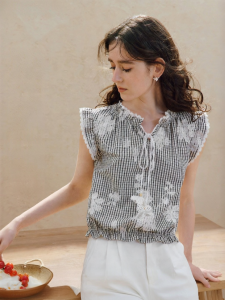 INMAN | French Style Gingham Embroidered Ruffled Lace Blouse