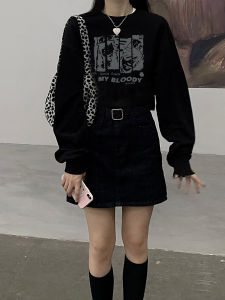 Pure Cotton Long Sleeve Base Shirt for Women: Autumn Winter Loose Fit Black American Washed Design