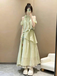 LIRUSHAN | French Elegant Green Off-shoulder Summer Dress