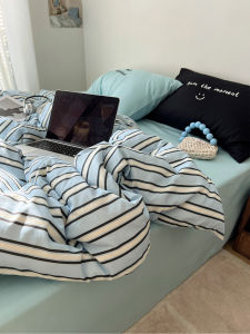 Korean Style Mixed Stripe Pure Cotton Three-Piece Bedding Set Letter Embroidery All Cotton Duvet Cover Simple Student Three-Piece Bed Sheet
