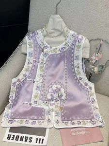 Elegant Ethnic Style Embroidered Acetate Vest Womens Fashion Retro Feel Button up Faux Silk Cotton round Necked Top