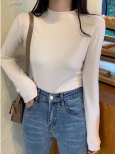 Winter Womens Slim Fit Long Sleeve Knitted Base Shirt Half High Collar 2025 Cuffed Pink Sweater Casual Style Inner Wear