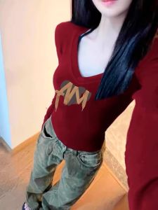 American Style Hot Girl Red Wine Color Tight Fit V-neck Long Sleeve T-shirt Womens Autumn Slimming Waist-cinching Top
