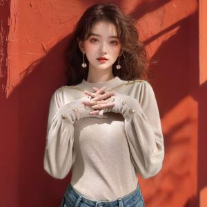 Thời Trang Sành Điệu Nữ Áo Sơ Mi Đế Dài Tay Nửa Cao Cổ Áo Và Ren Mùa Thu Mùa Đông Áo Len Dệt Kim Cảm Giác Cao Cấp