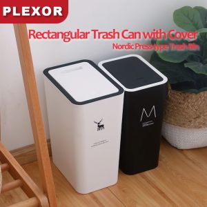 Plexor 10L/15L Nordic Trash Can with Cover Plastic Press-type Trash Bin with Lid Rectangular Garbage Bin with Press Top Small Dog Proof Plastic Trash Bin Waste Basket for Bathroom|Kitchen|Bedroom|Office|Living Room