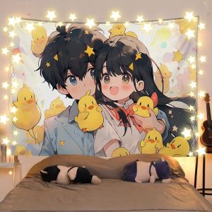 VIKAMA Straw Hat Little Yellow Duck Tapestry Floral Bud Anime Background Cloth Ins Dormitory Decoration Tapestry Room Decor