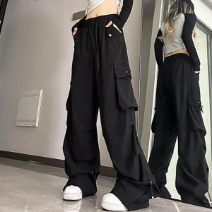 Retro Pleated Wide Leg Straight Cut Mens Workwear Pants Pure White American High Street Hiphop Parachute Functionality Trousers