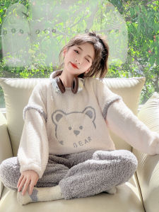 Girls Coral Fleece Pajamas Warm Home Clothes Set Autumn Winter Kids Thermal Clothing Anti-static Moisture Wicking Homewear