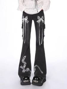 American Retro Hot Girl Black Work Pants Womens Autumn Winter Heavy Duty Multi Pocket Slim Straight Leg Micro Flared Jeans