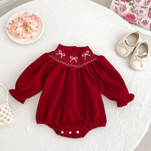2025 Christmas 0-24M Baby Girls Jumpsuit Casual Bow Embroidered Long Sleeves Newborn Romper Christmas Party Toddler Cute Clothes
