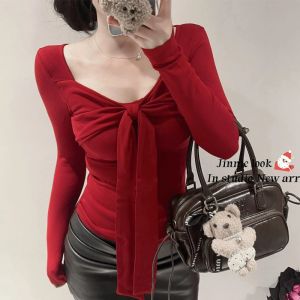 Christmas New Year Red Bowknot V-neck Long Sleeve T-shirt Womens Slim Fit Short Style Top Citywalk Commute Style Fashion