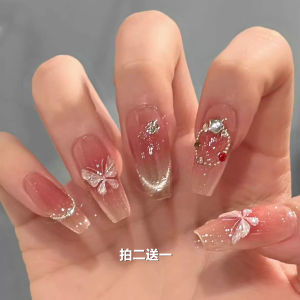 Ice Crystal Butterfly Wearable Nail Tips Medium Long New 2025 Blush Enhancing White Nail Art Diamond Decor Gentle Nail Patch