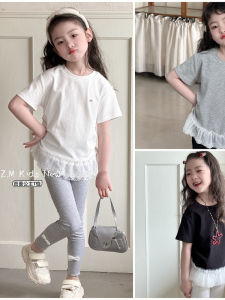 Ballet Princess Summer Childrens Short Sleeve T-Shirt Waist Cinched Lace Trim Mask Girls Cotton Korean Style Top