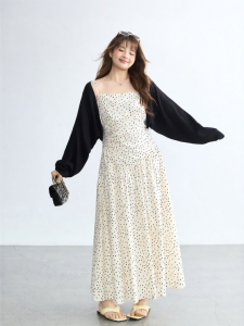 JULULOOK | Đầm/Hồ Sơ Siết Eo Đốm Trắng Đen Phong Cách Hoài Cổ