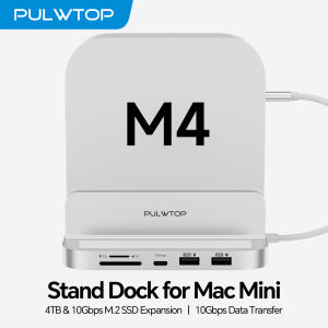 PULWTOP Vertical Mac Mini M4 Dock with 4TB SSD Enclosure USB A/C 10Gbps USB A 2.0 SD/TF Audio for Mini M6 M5 Pro M4/M4 Pro