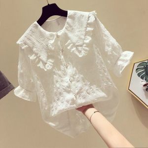 Sweet Lace White Doll Collar Shirts Womens Short Sleeve Loose Fashionable Summer Chiffon Tops Korean Style Commute Pure Color