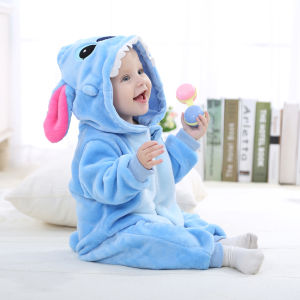 Toddler Stitch Kigurumi Rompers Winter Baby Animal Cosplay Costumes Newborn Hooded One-piece Playsuit Kids Flannel Jumpsuit 0-4T