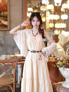 Sweet Eighteen Bohemian Holiday Style Off-Shoulder Fringed Long Dress Travel Casual Loose Waist Strapless A-Line Skirt