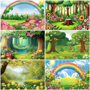 Spring Fairy Tale Forest Theme Party Supplies Decoration Backdrop Grassland Rainbow Flowers Kids Stage Play Easter Party Banner