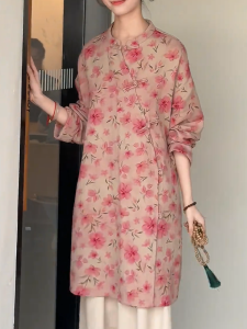 QINGNAER | Slimming Loose Long Style Chinese Print Shirt for Fall