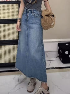 Váy Mini Denim Cạp Cao Cho Nữ Mùa Hè 2025 Váy Chữ a Mỏng Ôm Sát Cơ Thể Dài Đến Giữa Bắp Chân Cho Dáng Người Nhỏ