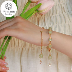 Viviann Original Meet Summer Exclusive Hetian Jade Bracelet Chinese Design Lily of the Valley Pendant Pearl Charm  Bracelet & Bangle C-shaped Adjustable Gold Fashion Gifts Bracelet For Women Jewelry